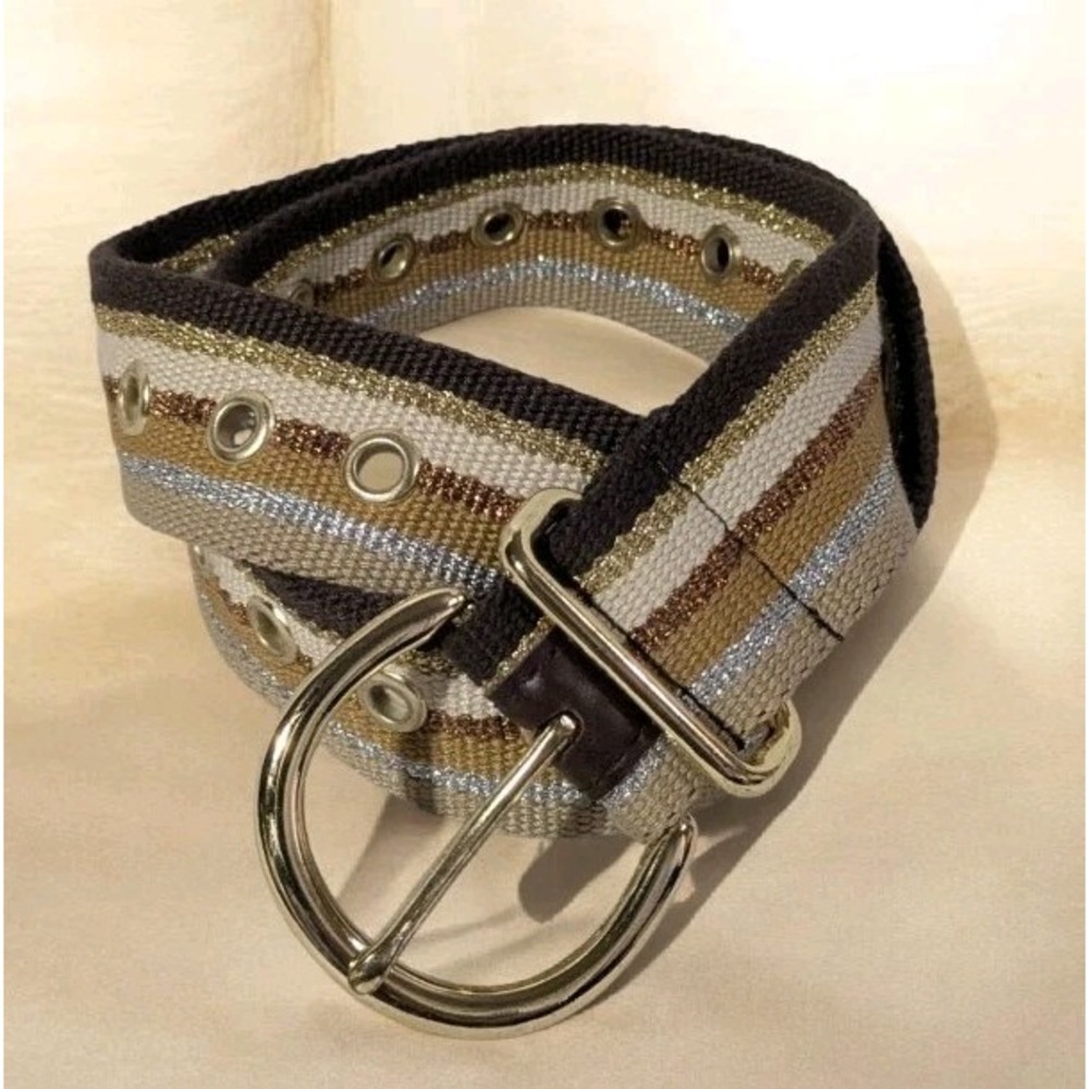 Belt Canvas Striped Glitter Buckle Womens Unisex Grommets  Brown Gold Silver